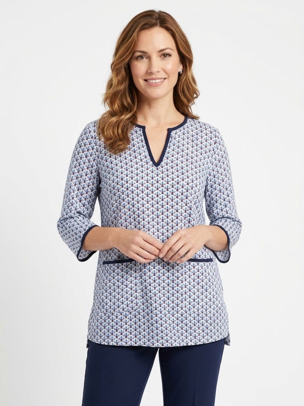 Tory Burch Blue and Navy Floral Tunic Top Linen Large